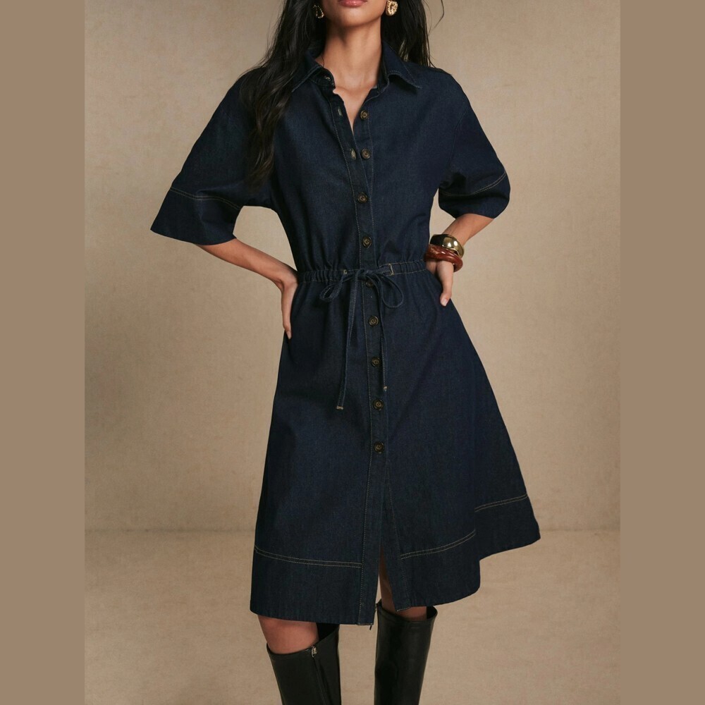 Dark Indigo Denim Button Front Tie Waist Knee Length Shirt Dress